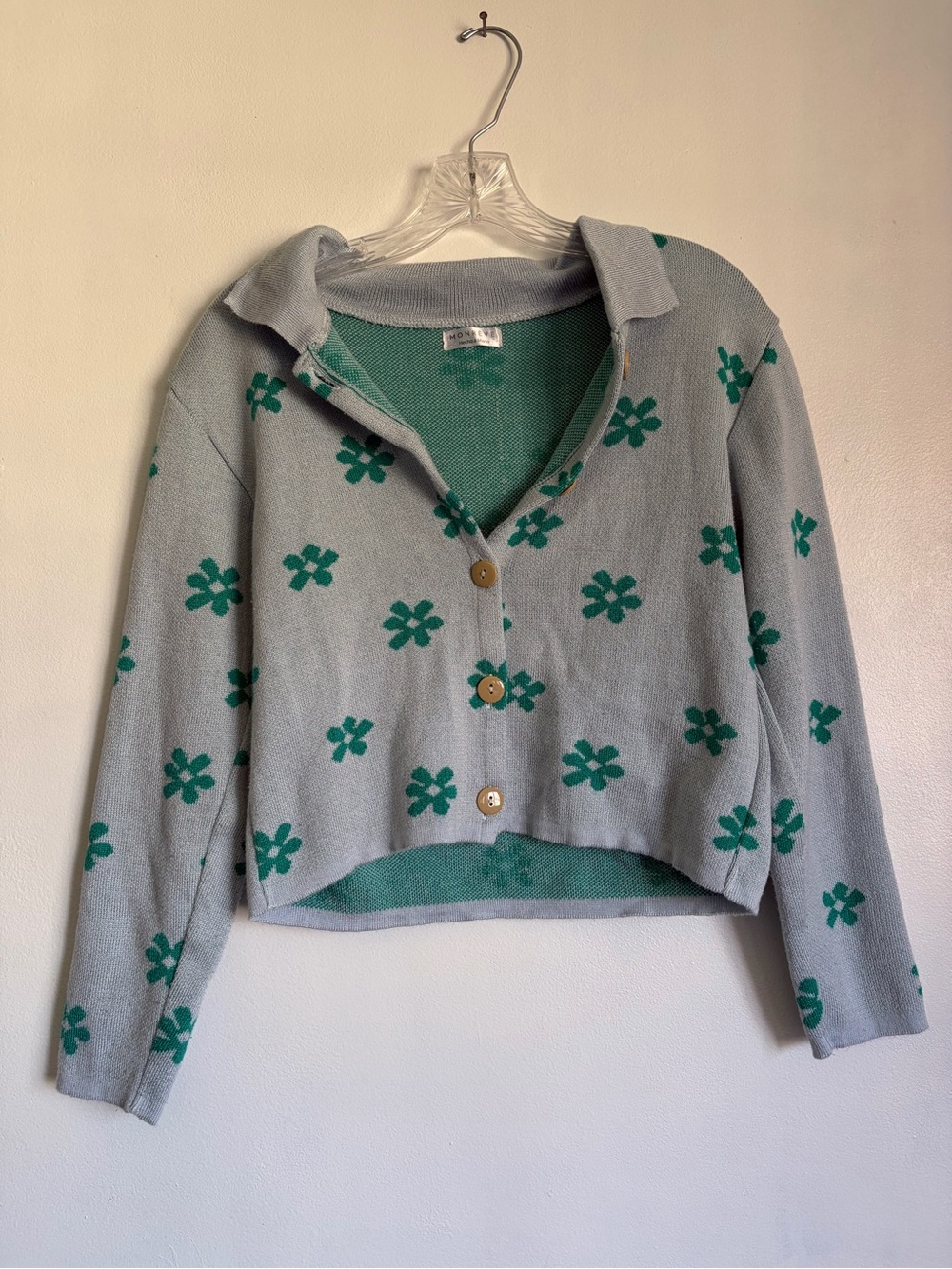 Retro Cropped Cardigan with Turquoise and Blue floral print